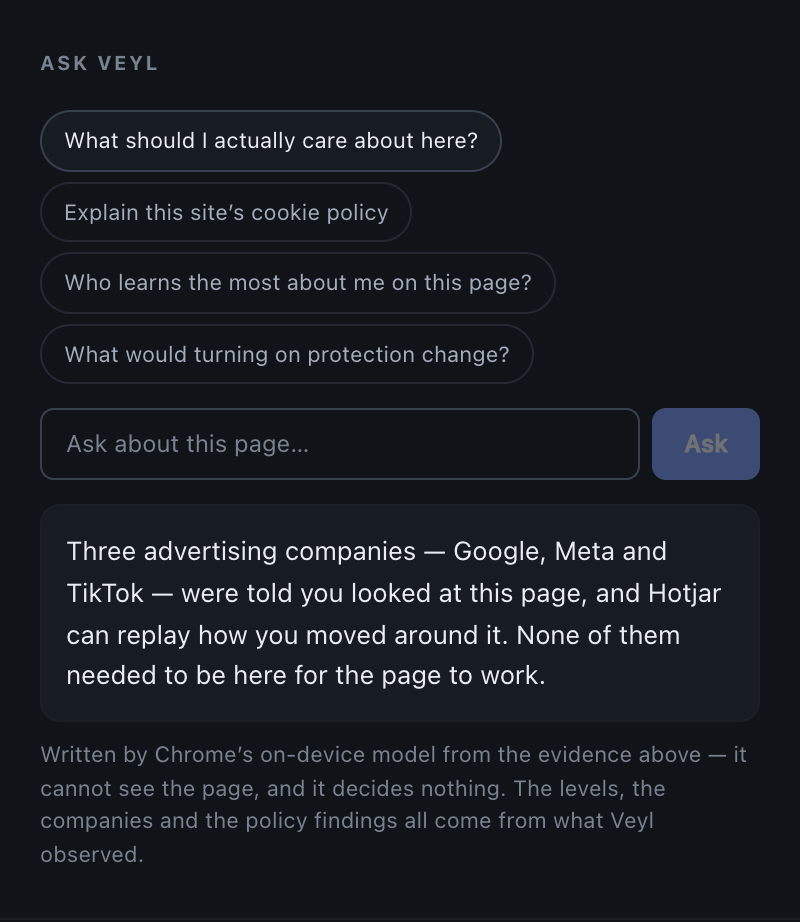 Ask Veyl answering a question in plain English about the trackers on the page.